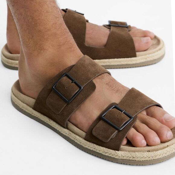 Zara Sandals Men Double Buckle Strap Flat Size US 9 EU 42 Brown Slip On Slides - Picture 1 of 14